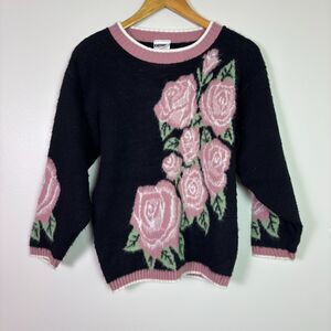 Vintage 90s Knitwaves Fuzzy Sweater Womens Medium Pink Roses Dainty Cottagecore